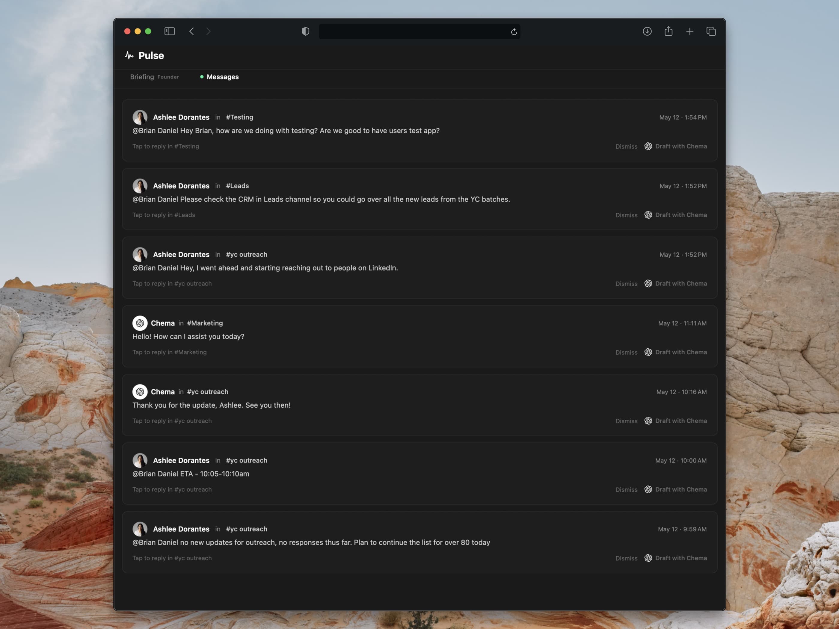 Pulse — filtered messages across workspaces with Draft with Chema